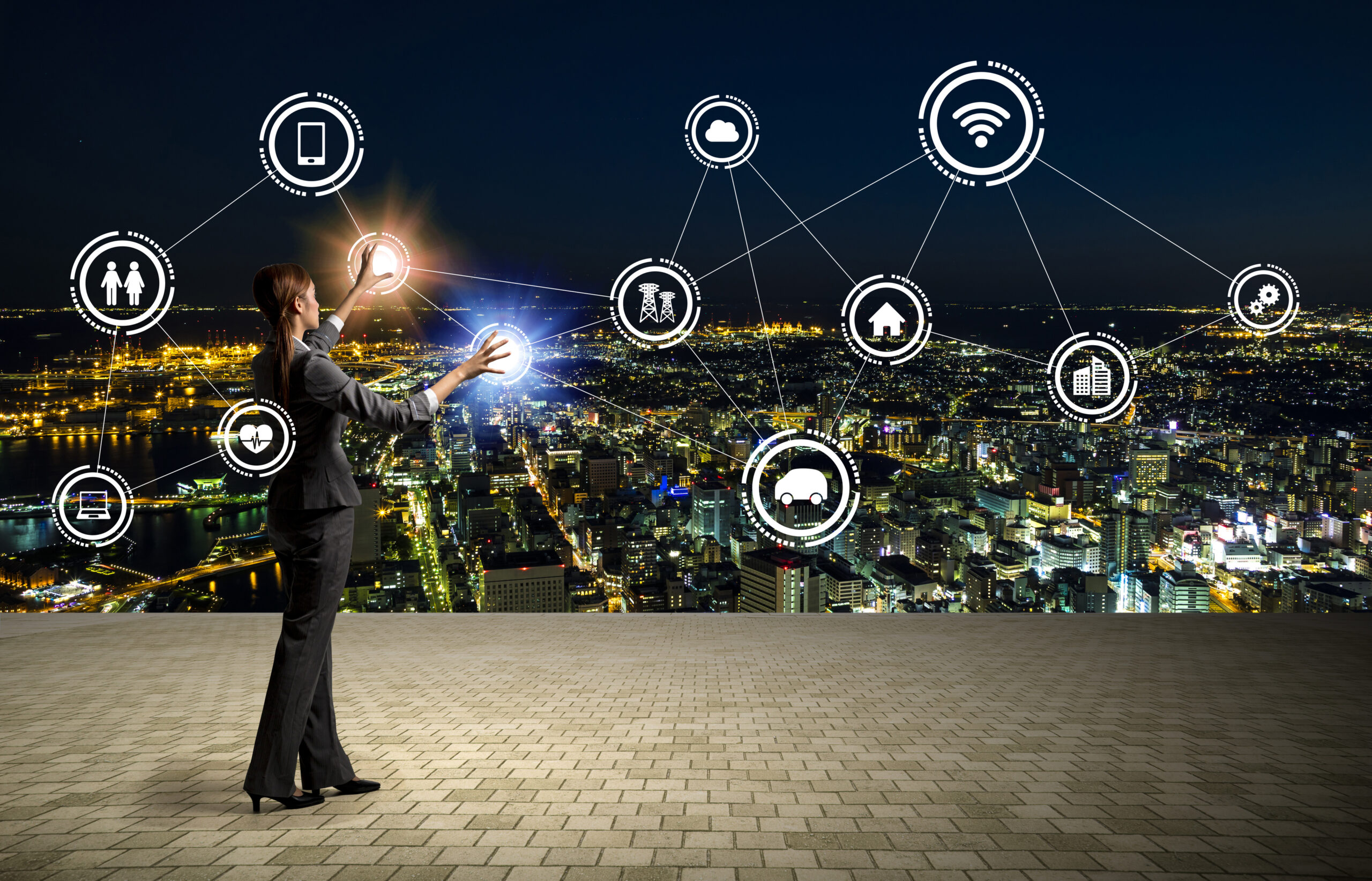 modern cityscape and business person, Internet of Things, Information Communication Technology, abstract image visual